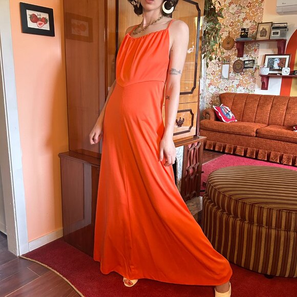 1970s Red polyester prom dress and cover up matching set - Made in Canada by Mis - Picture 3 of 16